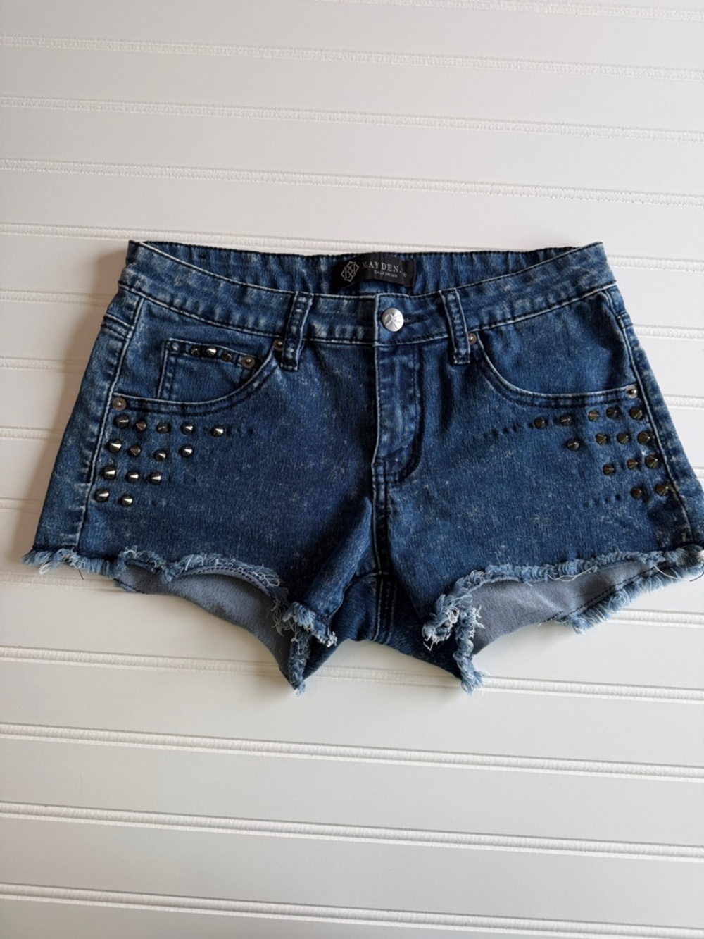 Dark Blue Denim Studded Low Rise Cutoff Shorts